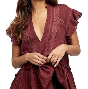 Free People Baby Blues Lace Trim Tunic Lovebird Combo Burgundy Red Small
